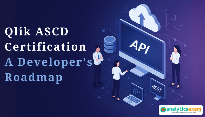 A professional tech-themed banner featuring the text Qlik ASCD Certification A Developer's Roadmap with isometric illustrations of API development, cloud computing, and developers interacting with connected devices.