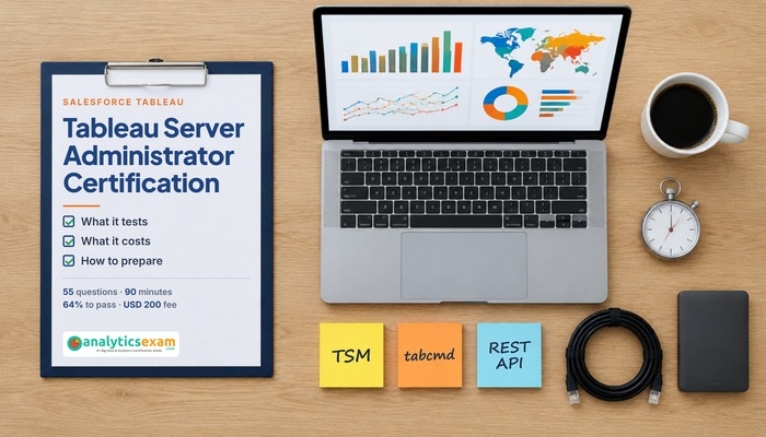 Tableau Server Administrator certification cover with a study checklist, dashboard laptop and TSM, tabcmd and REST API notes