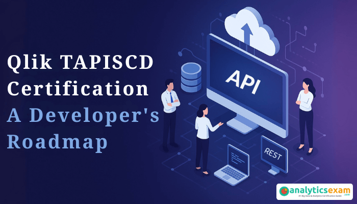 A professional tech-themed banner featuring the text Qlik TAPISCD Certification A Developer's Roadmap with isometric illustrations of API development, cloud computing, and developers interacting with connected devices.