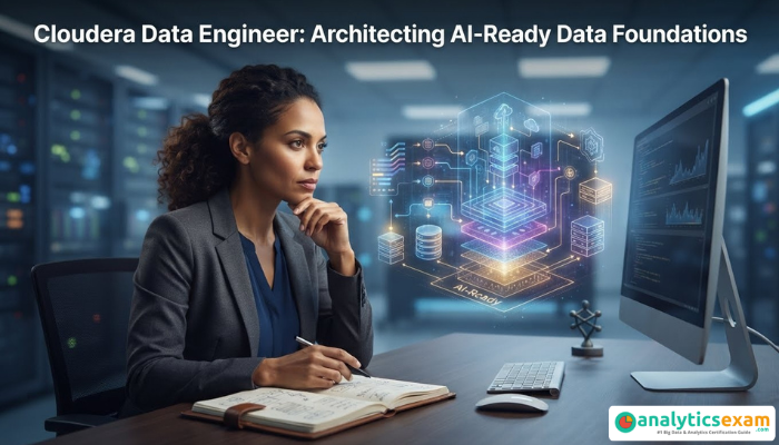 A focused woman data engineer contemplating a futuristic holographic data architecture diagram, representing the strategic role of a Cloudera Data Engineer (CDP-3002) in building AI-ready foundations.