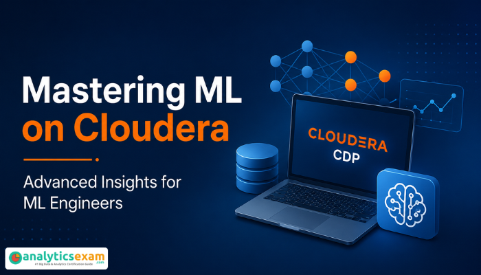 Digital banner titled “Mastering ML on Cloudera,” featuring a laptop with Cloudera CDP branding, a database icon, neural network nodes, and an AI brain symbol on a dark blue tech background.