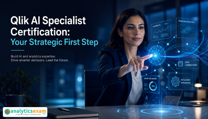 A professional woman engaging with a holographic display showing Qlik AI concepts. The image highlights the strategic decision to pursue the Qlik AI Specialist Certification, symbolizing a forward-thinking career move.