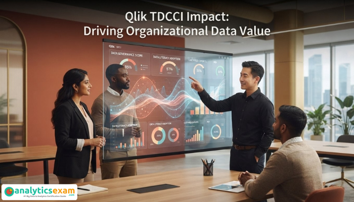 A diverse team collaborates around a screen showing data visualizations and governance metrics, representing the impact of Qlik TDCCI certified professionals.
