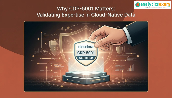 A conceptual image of a hand placing a glowing CDP-5001 badge onto a pedestal within a secure cloud data environment, representing validated expertise in Cloudera administration.