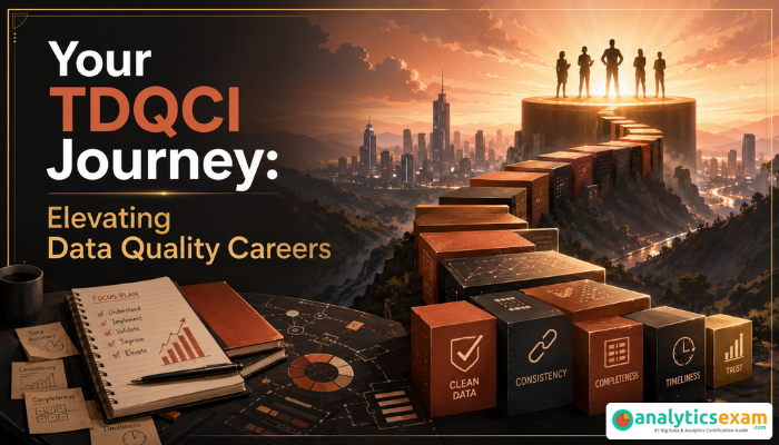 A semi-realistic digital illustration shows a curving data block path leading to an elevated platform with confident professionals, symbolizing career growth with the TDQCI certification.